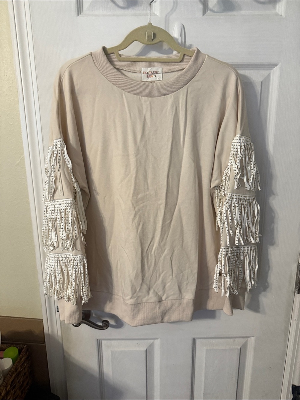 Fantastic Fawn Beige Fringe Sleeve Sweatshirt